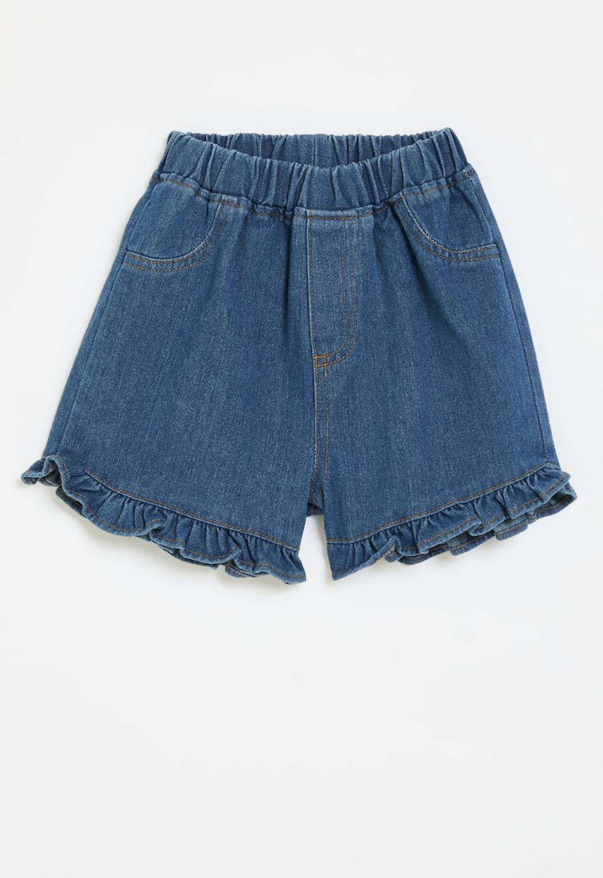 Pop Candy - Frilled hem denim shorts-dark blue