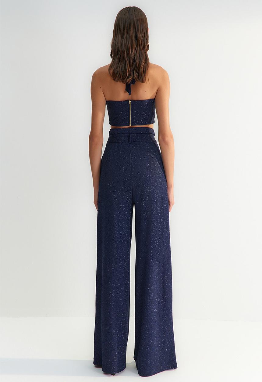 Trendyol - X zeynep tosun belted glittery knitted pants - navy blue 