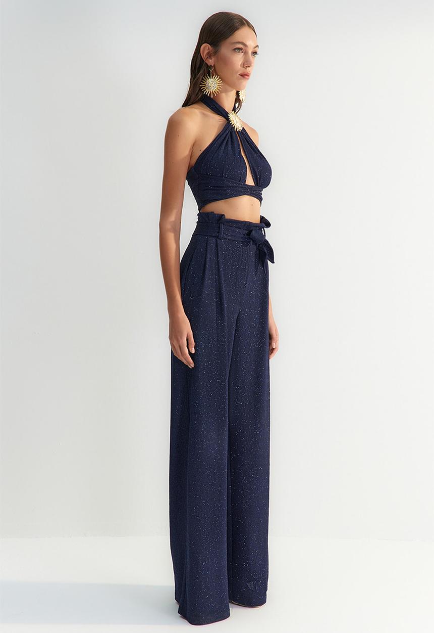 Trendyol - X zeynep tosun belted glittery knitted pants - navy blue 