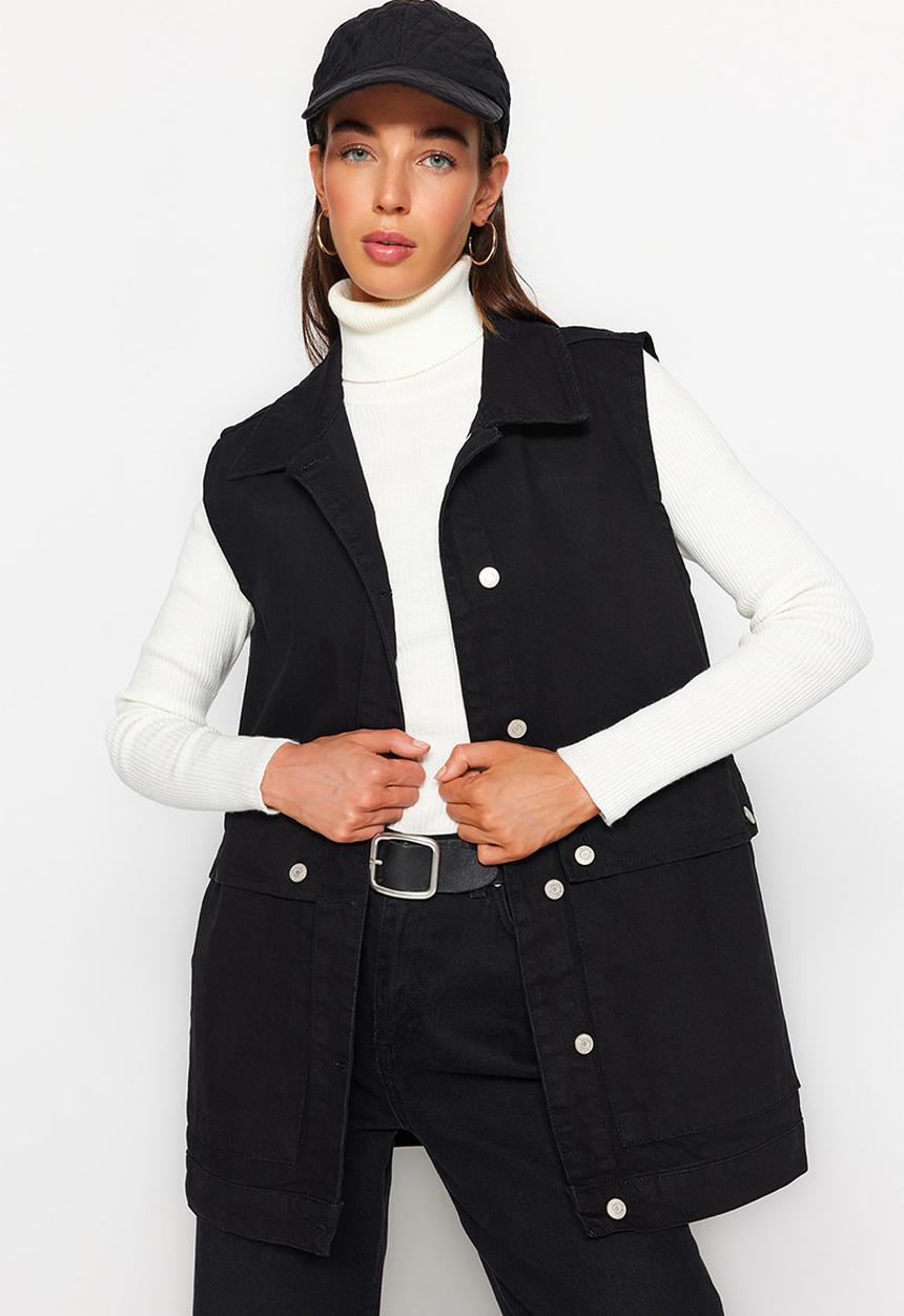 Trendyol - Shirt collar pocket detailed denim vest jacket - black