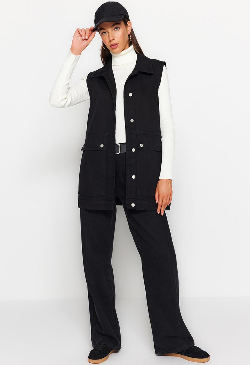 Trendyol - Shirt collar pocket detailed denim vest jacket - black