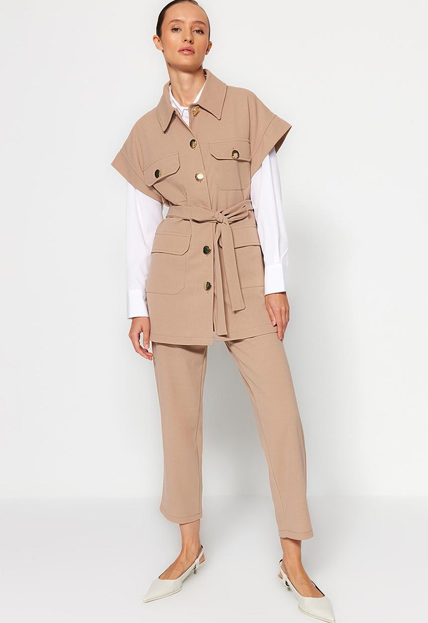 Trendyol - Buttoned vest-pants knitted top and bottom set - mink gold