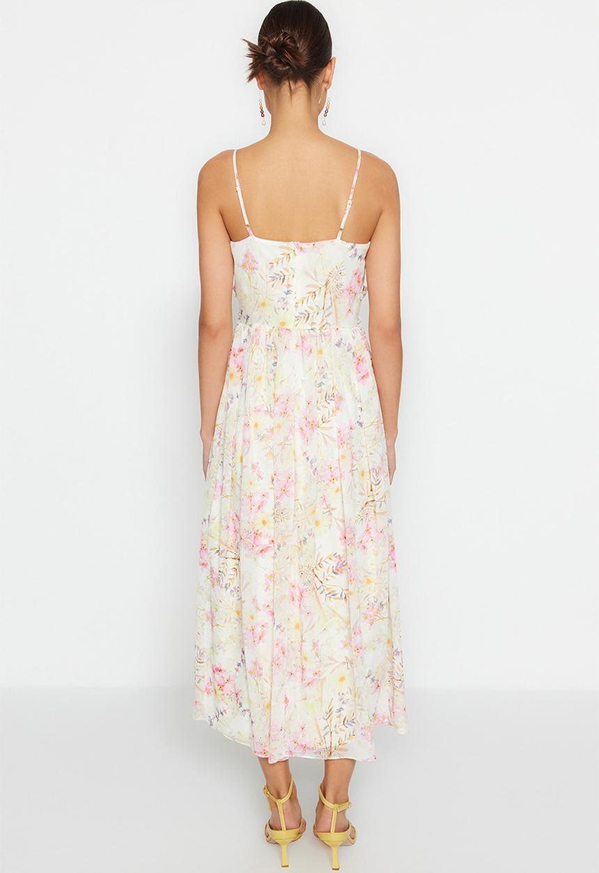 Trendyol - Print a-cut ruffle detailed lined chiffon maxi dress - ecru floral