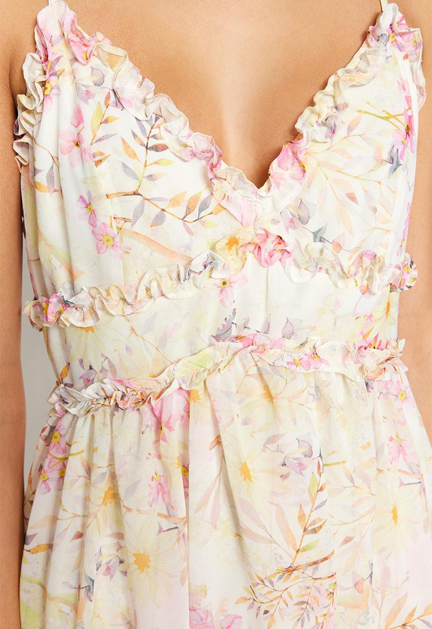 Trendyol - Print a-cut ruffle detailed lined chiffon maxi dress - ecru floral