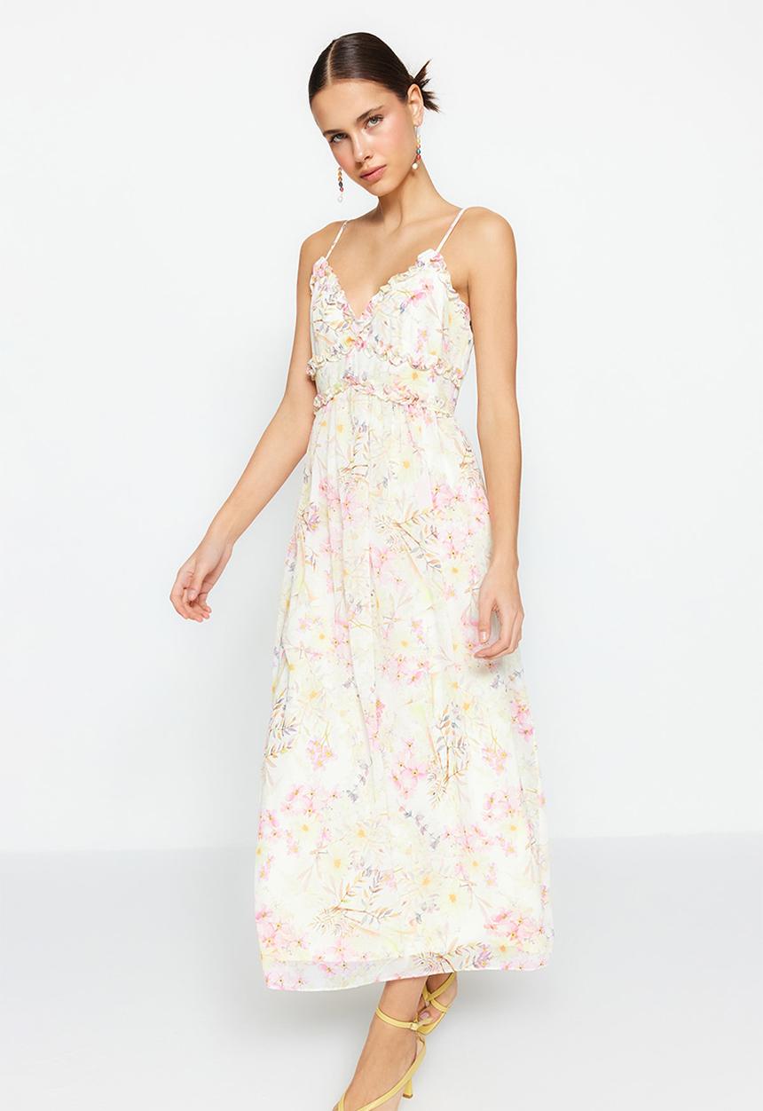 Trendyol - Print a-cut ruffle detailed lined chiffon maxi dress - ecru floral