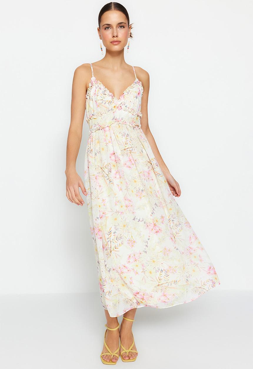 Trendyol - Print a-cut ruffle detailed lined chiffon maxi dress - ecru floral