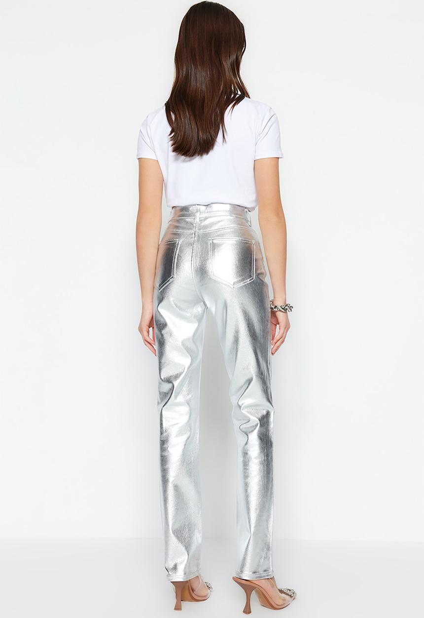 Trendyol - Shiny metallic print high waist straight jeans - silver 