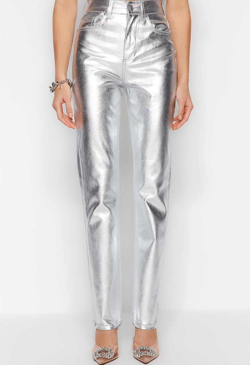 Trendyol - Shiny metallic print high waist straight jeans - silver 