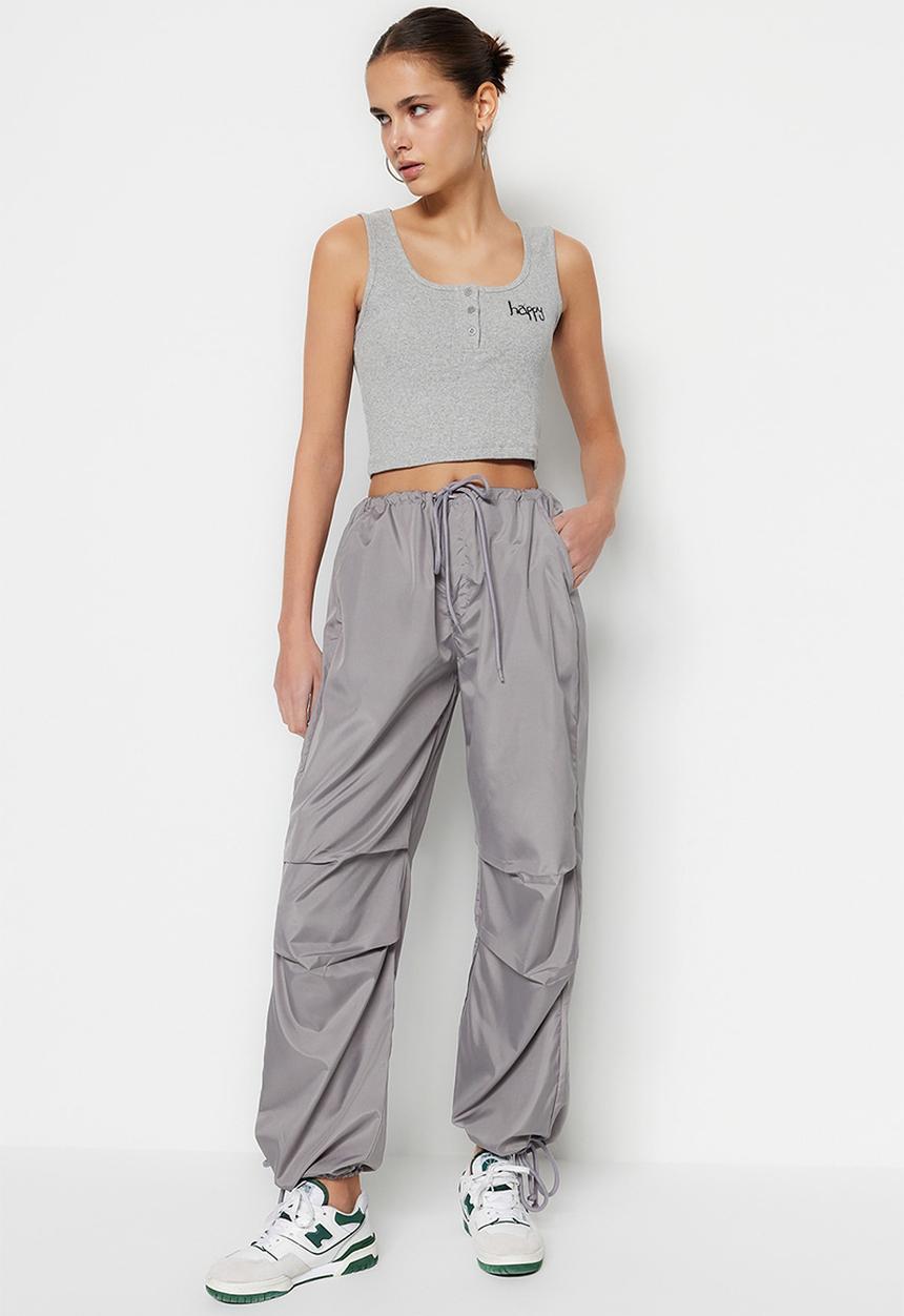 Trendyol - Belted woven parachute high waist woven trousers - gray