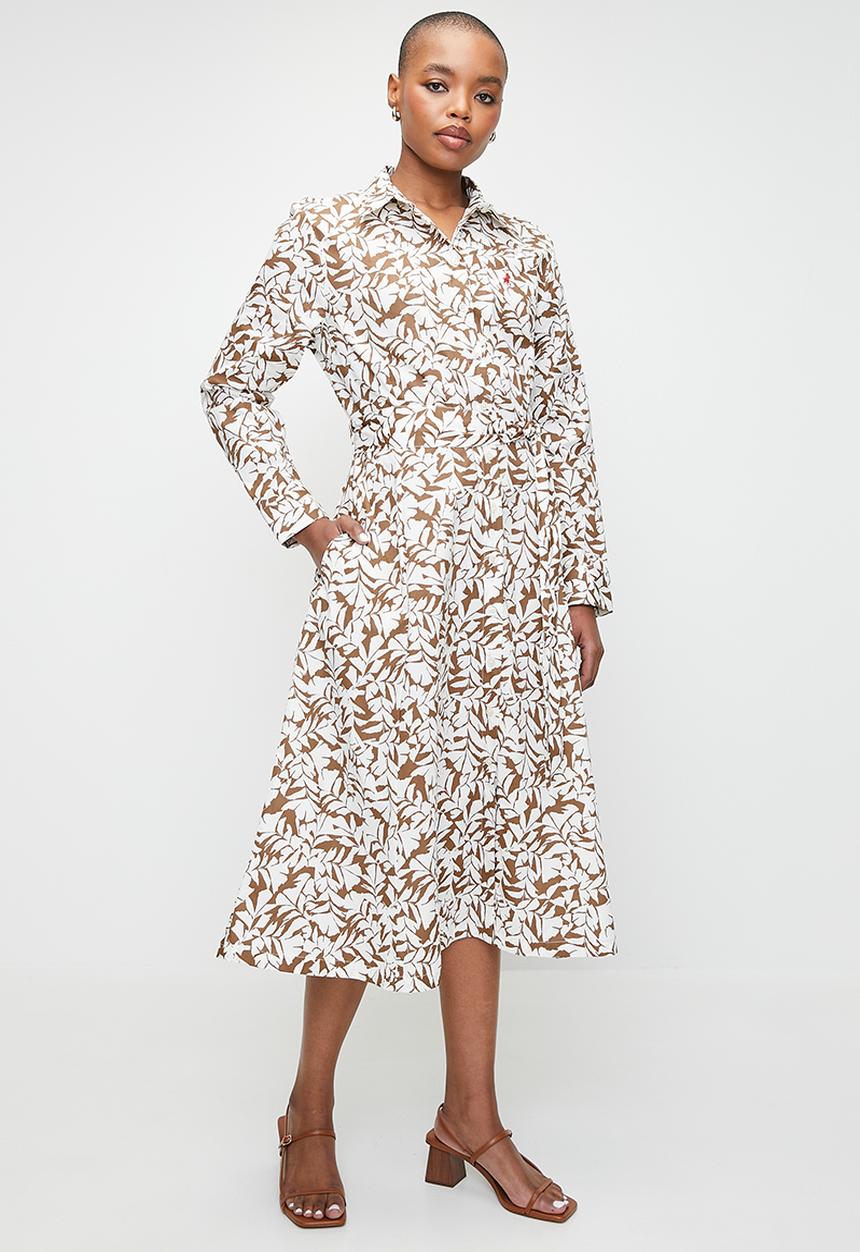 POLO - Wmn Sarah Long Sleeve Printed Dress - Camel