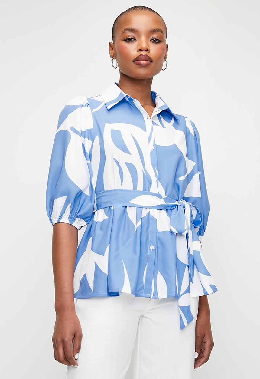 Stella Morgan - Monotone Printed Belted Satin Blouse - Blue
