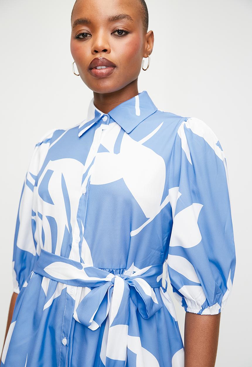 Stella Morgan - Monotone Printed Belted Satin Blouse - Blue