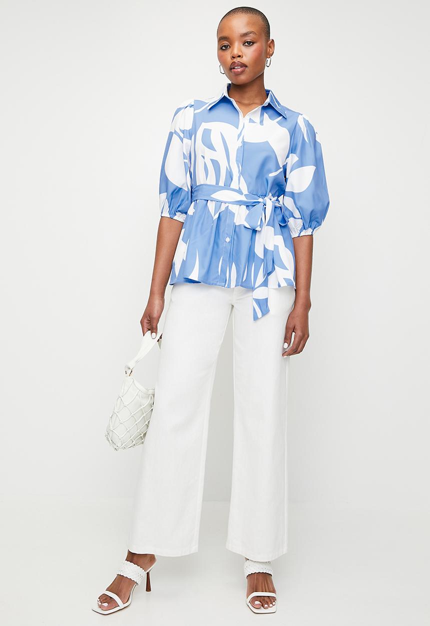 Stella Morgan - Monotone Printed Belted Satin Blouse - Blue