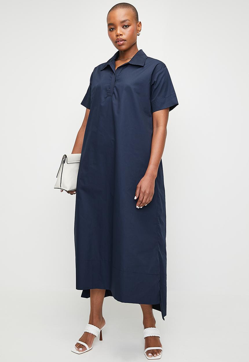 edit - A-Line Shirt Dress with Stepped hem - Ink
