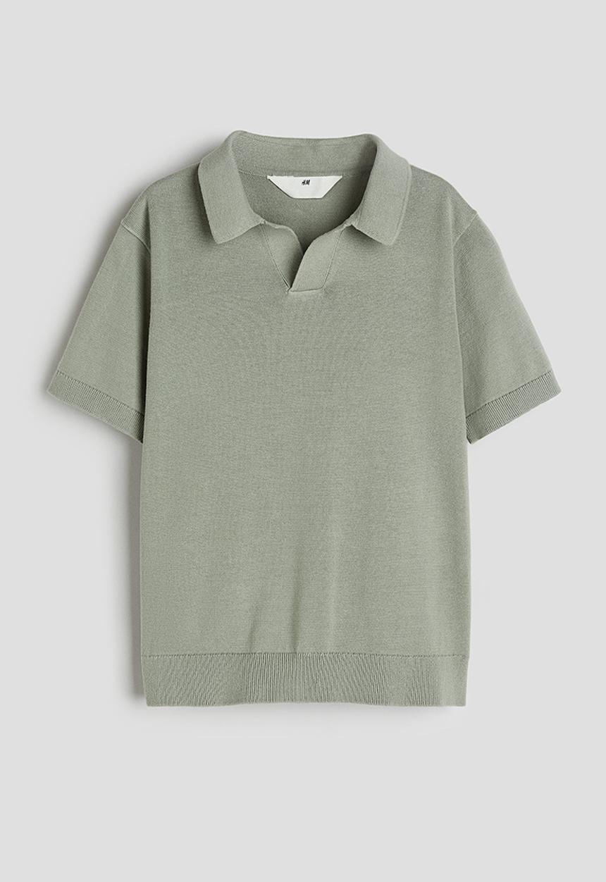 H&M - Fine-knit polo shirt - light khaki green