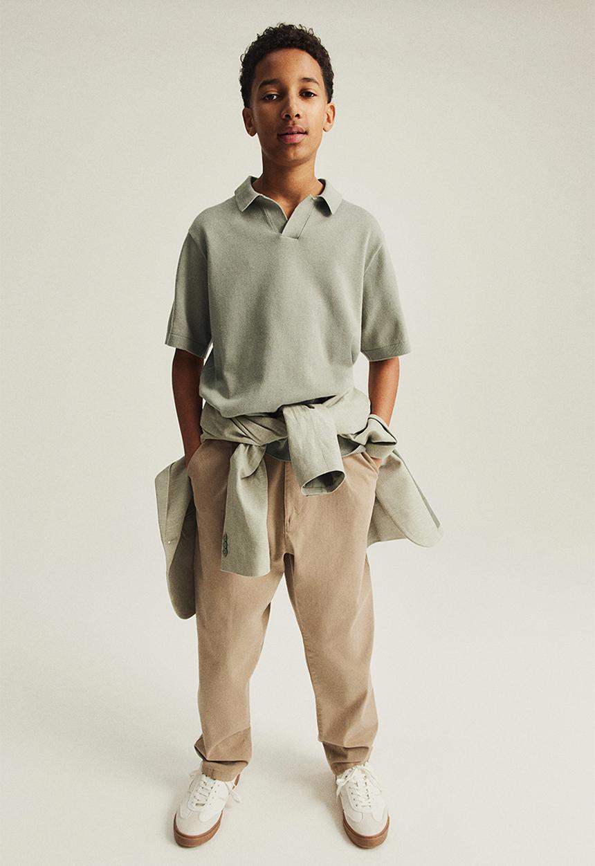 H&M - Fine-knit polo shirt - light khaki green