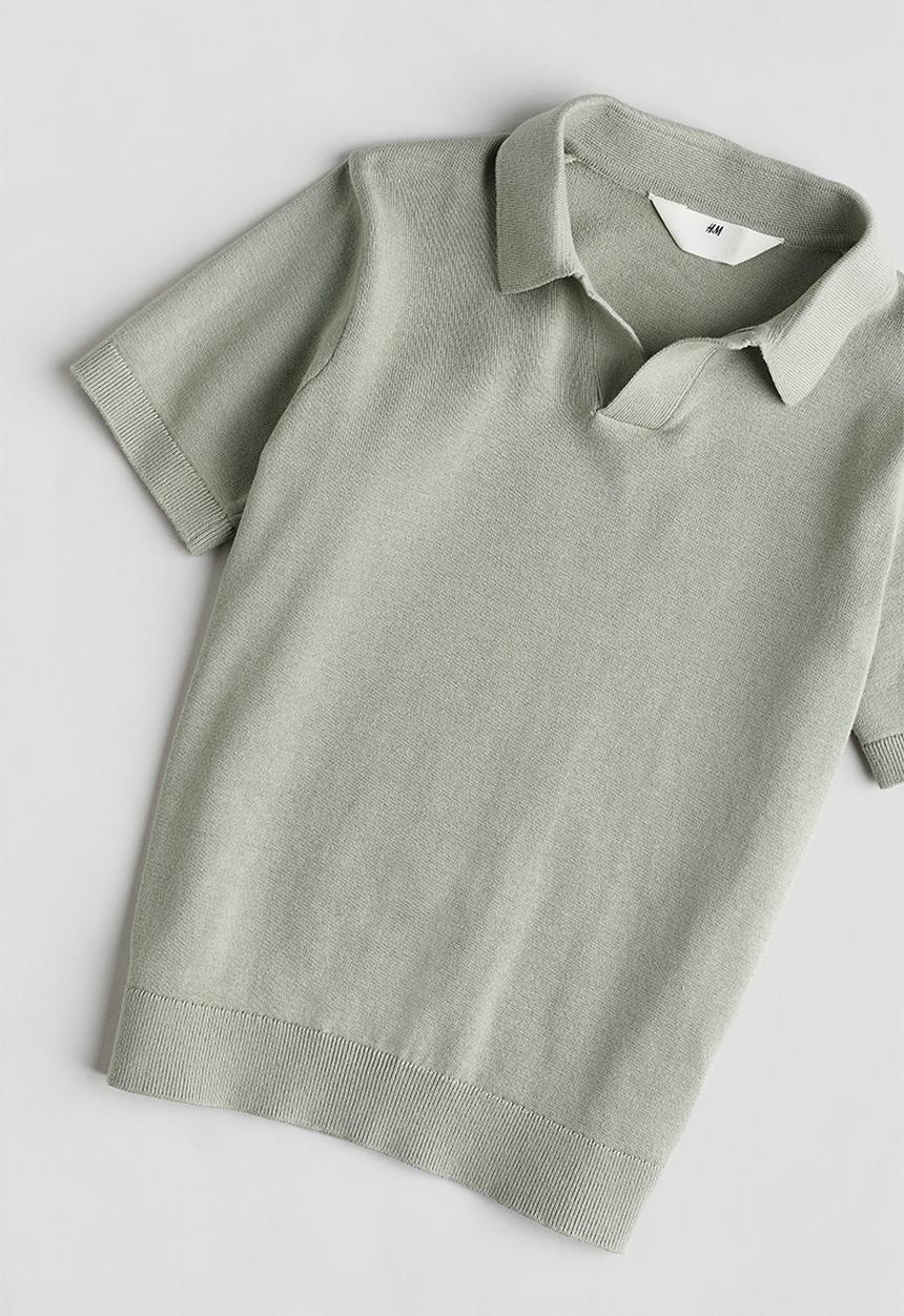 H&M - Fine-knit polo shirt - light khaki green