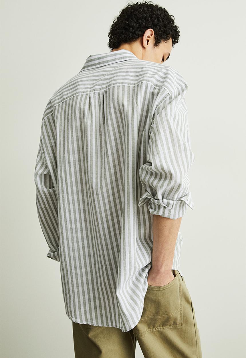H&M - Relaxed fit linen-blend shirt - khaki green striped