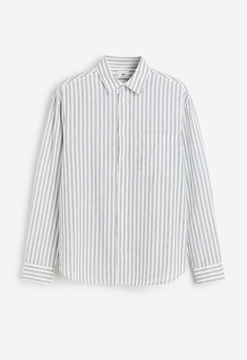 H&M - Relaxed fit linen-blend shirt - khaki green striped