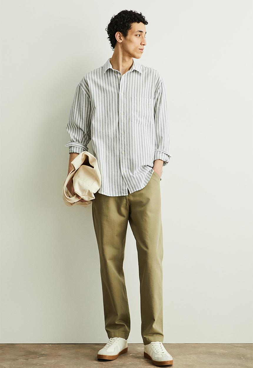H&M - Relaxed fit linen-blend shirt - khaki green striped