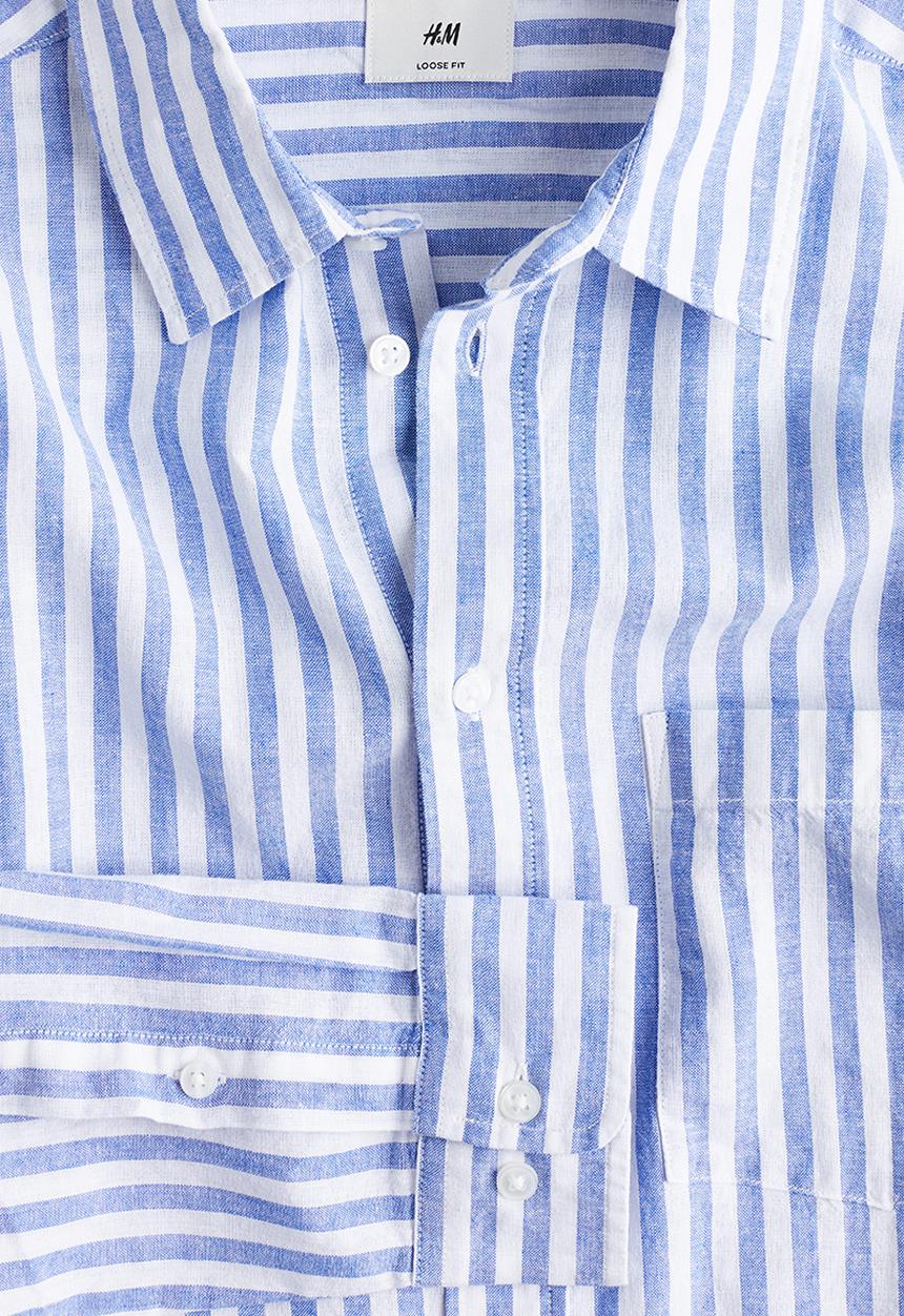 H&M - Relaxed fit linen-blend shirt - light blue & white striped