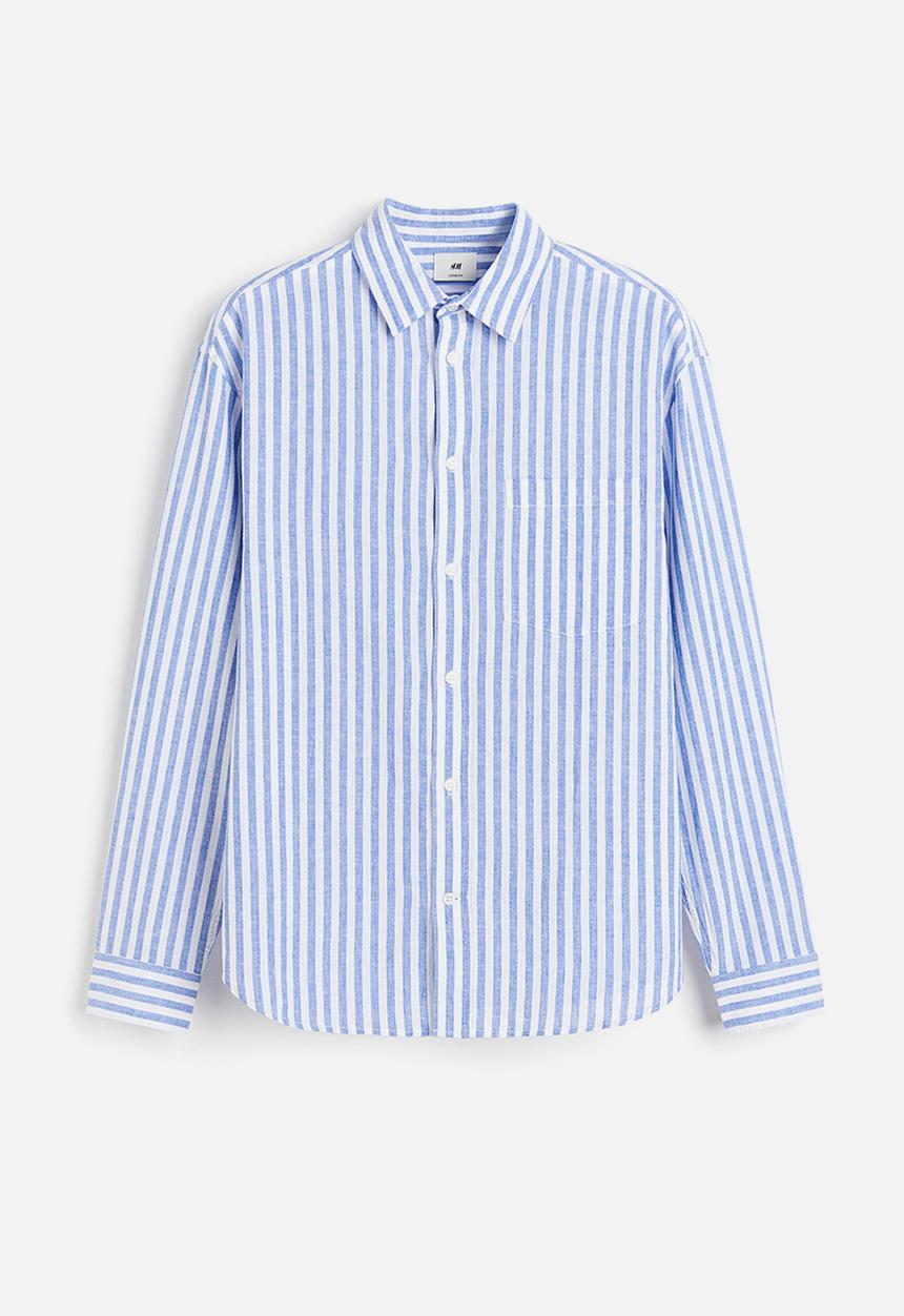 H&M - Relaxed fit linen-blend shirt - light blue & white striped