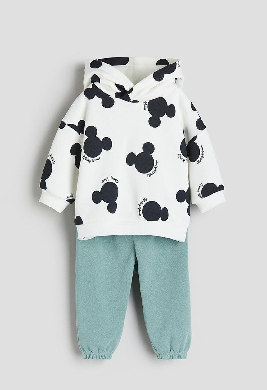 H&M - 2-Piece printed sweatshirt set - dusty green & mickey mouse