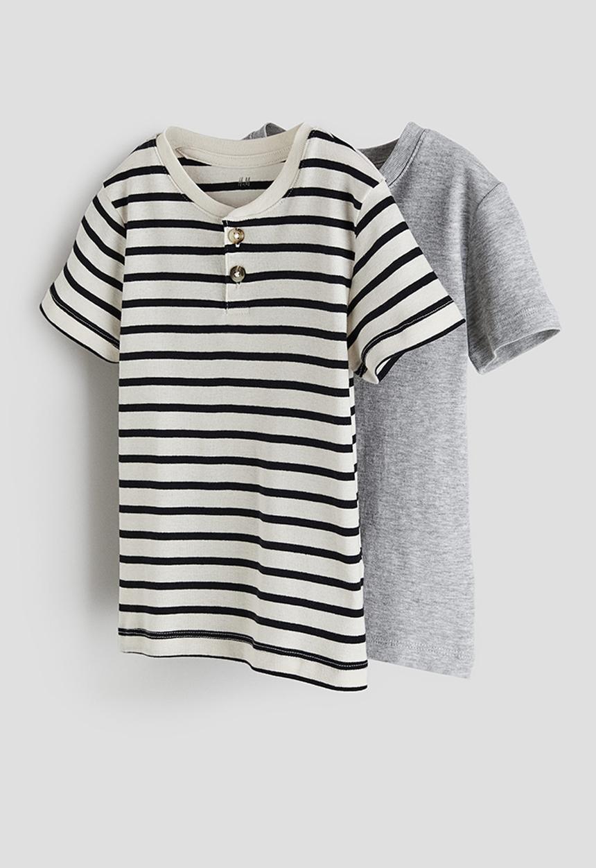 H&M - 2-Pack henley t-shirts - natural white & striped