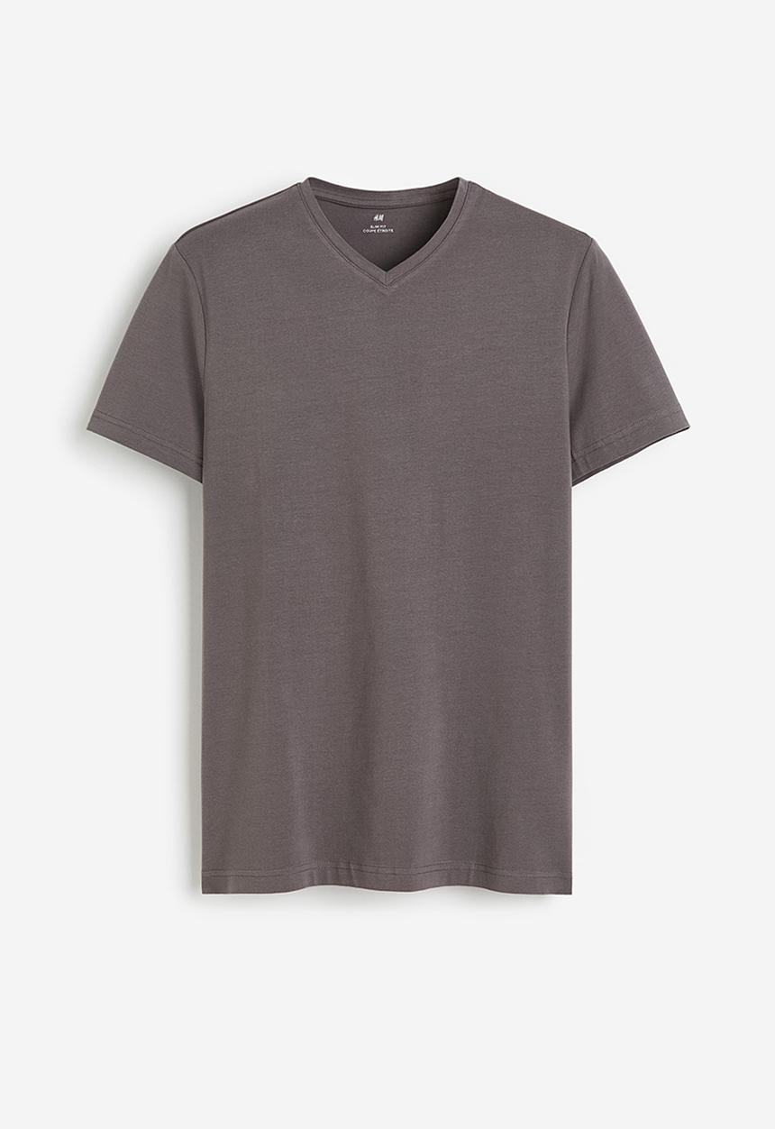 H&M - Slim fit v-neck t-shirt - dark greige