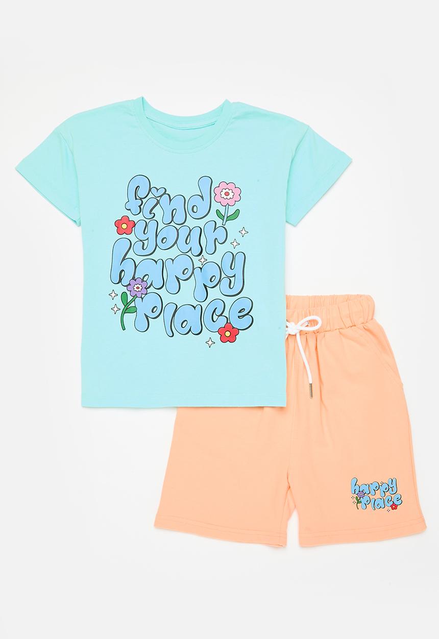 Pop Candy - Printed crew neck tee & short set - blue & orange