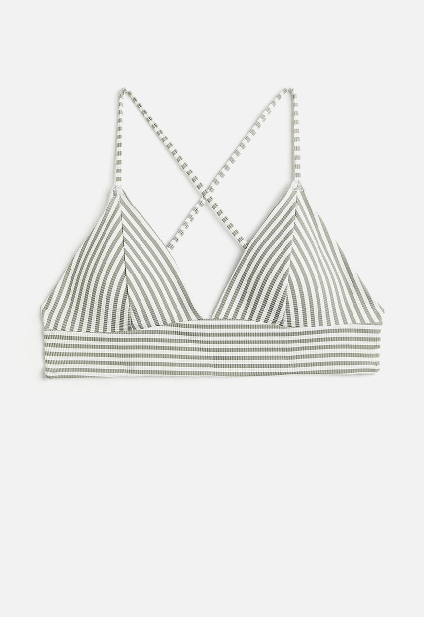 H&M - Padded bikini top - white & khaki green striped
