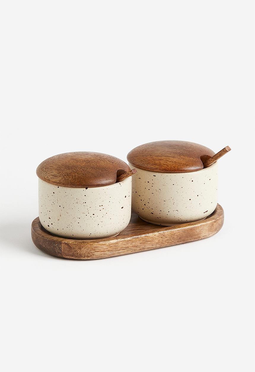 H&M - Reactive-glaze salt and pepper set - light beige/speckled
