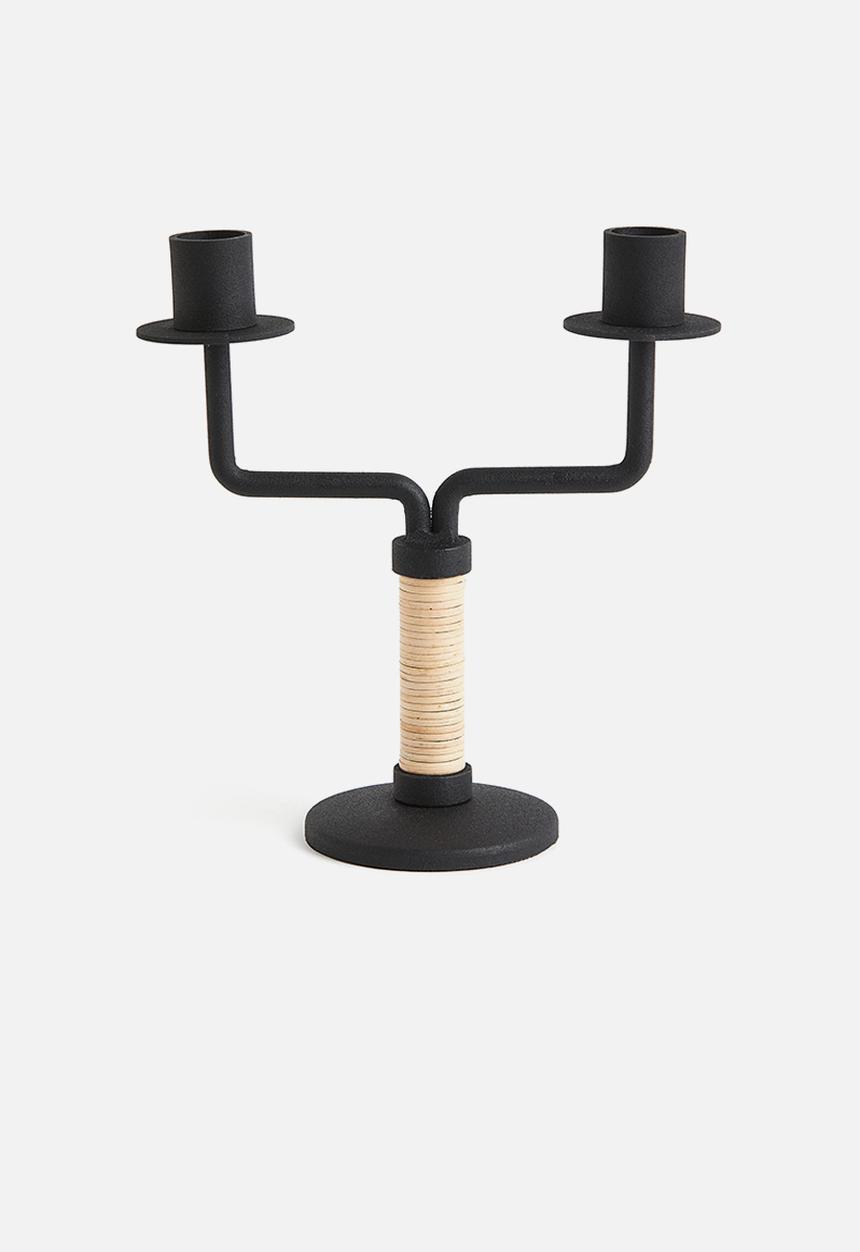 H&M - Metal and rattan candelabra - black/beige