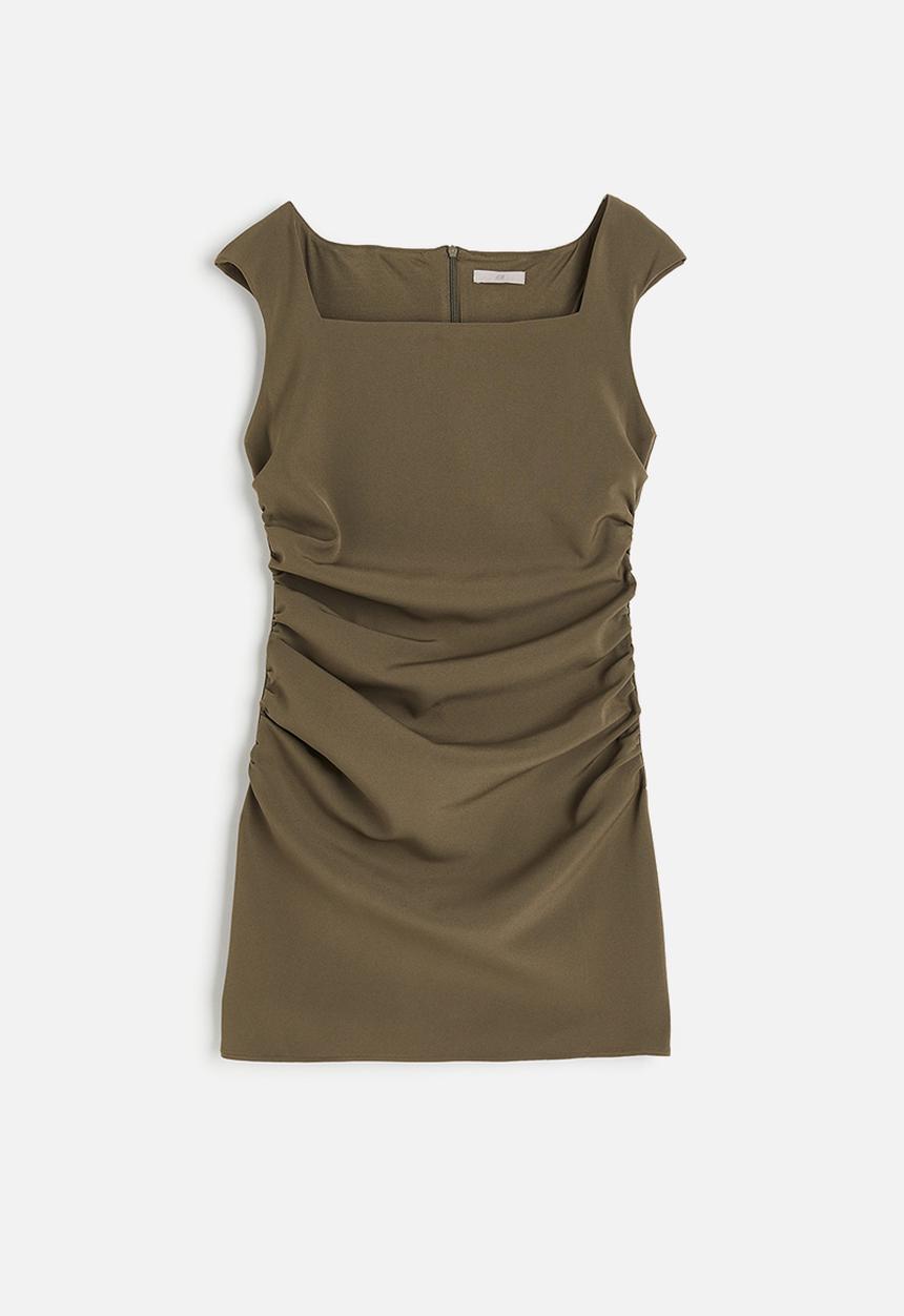 H&M - Square-neck twill dress - dark khaki green