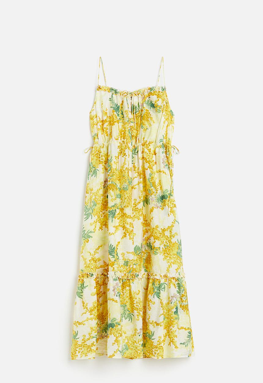 H&M - Drawstring-detail dress - light yellow & patterned 