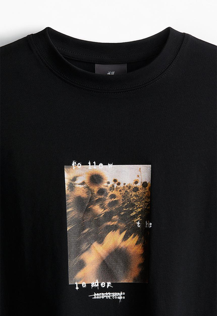 H&M - Loose fit printed T-shirt - black/sunflowers