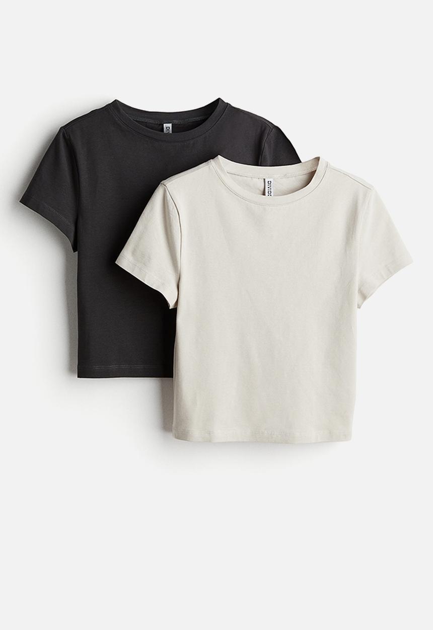 H&M - 2 pack cropped t-shirts - light beige & dark grey