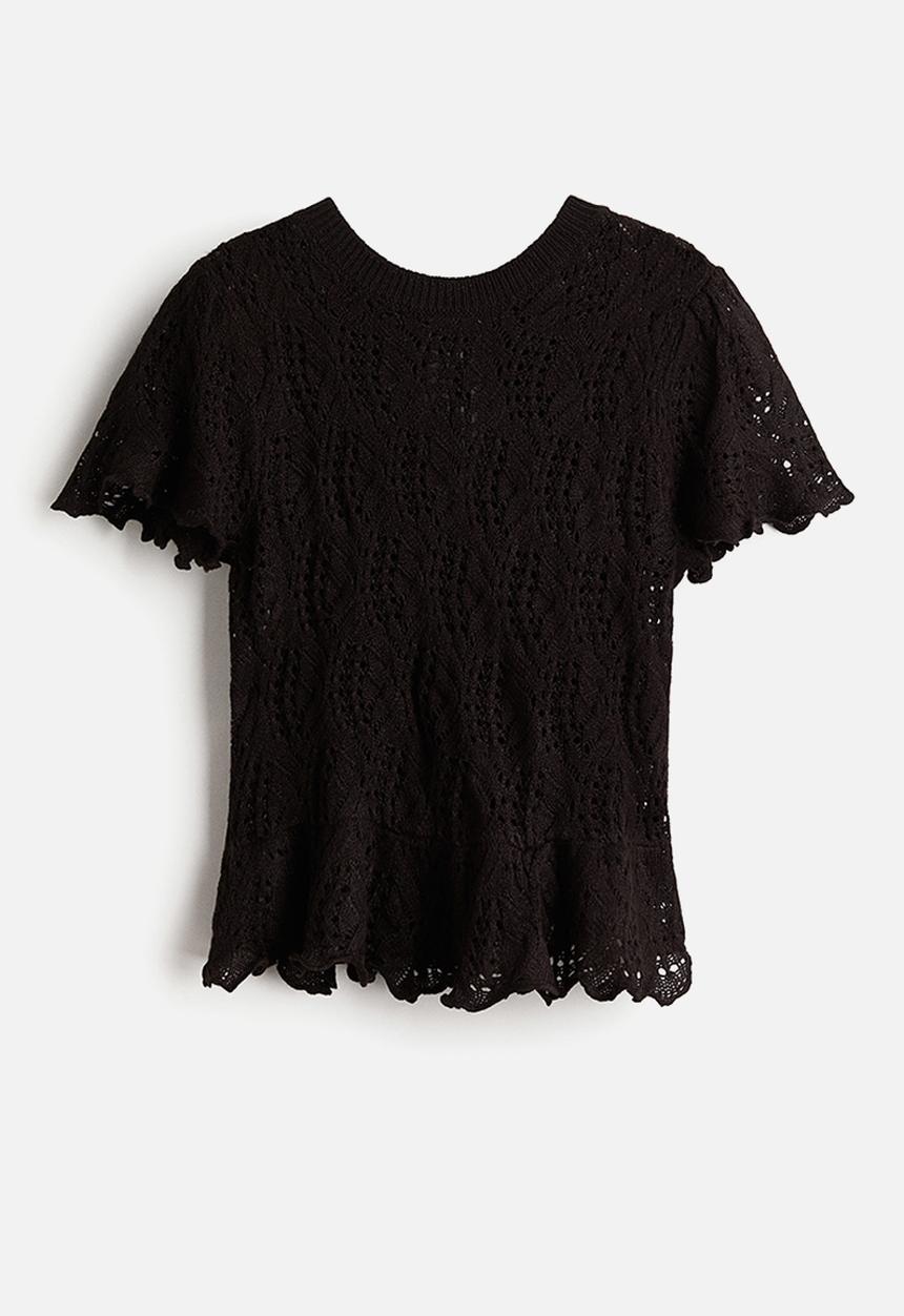 H&M - Tie-detail pointelle-knit top - black