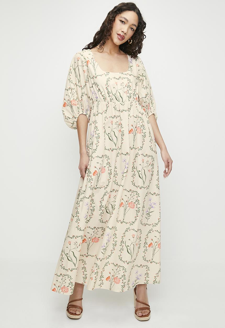 MILLA - Printed poplin empire maxi dress - delicate botanical double border