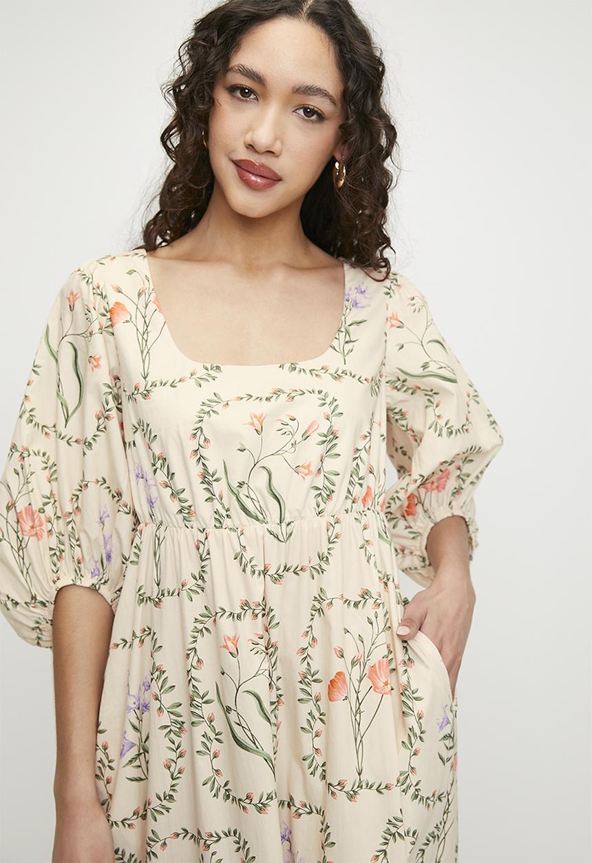 MILLA - Printed poplin empire maxi dress - delicate botanical double border