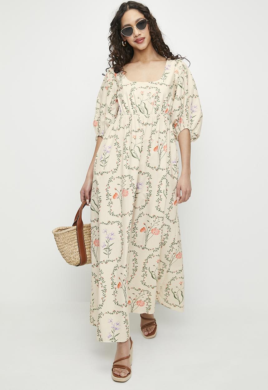 MILLA - Printed poplin empire maxi dress - delicate botanical double border