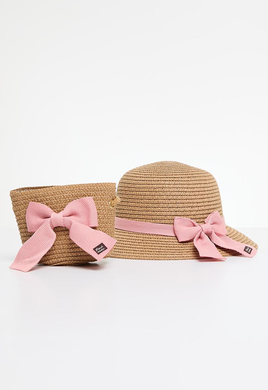 Pop Candy - Straw & shoulder bag set - pink & beige