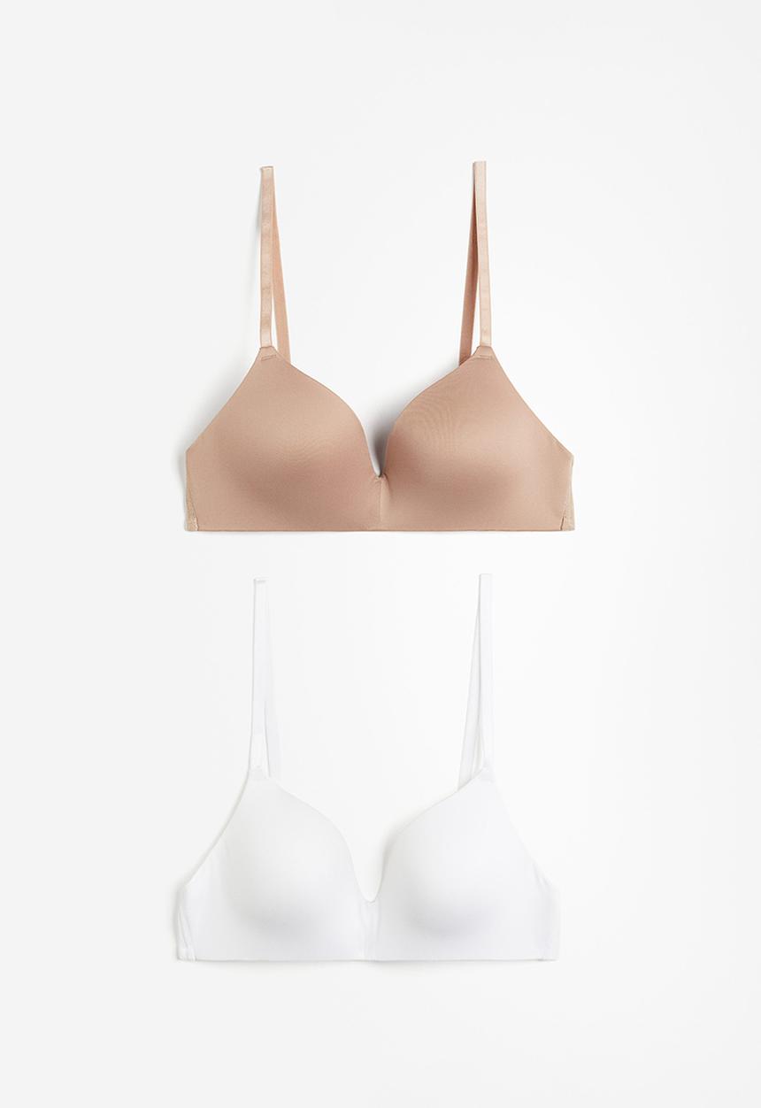 H&M - 2-pack microfibre non-wired bras - beige,white