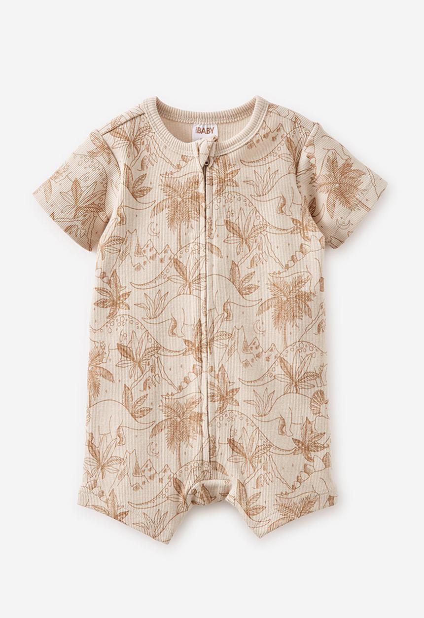 Cotton On - The short sleeve zip romper - taupy brown/dino night