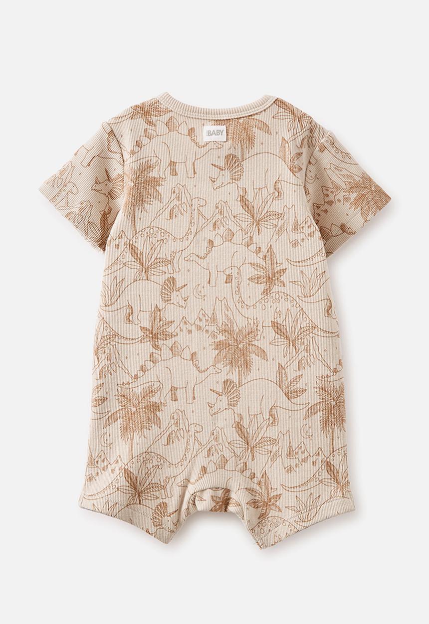 Cotton On - The short sleeve zip romper - taupy brown/dino night