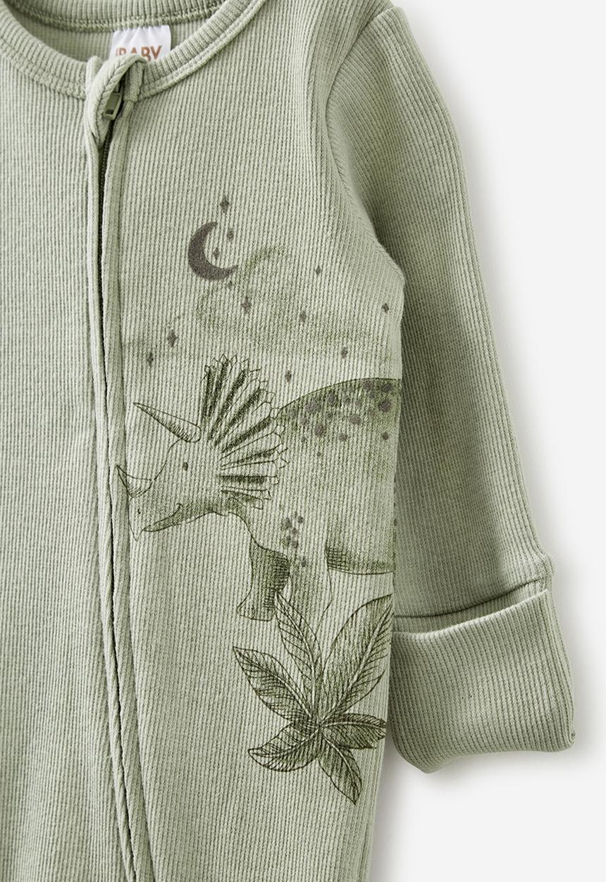 Cotton On - The billie long sleeve rib romper - deep sage/line dino
