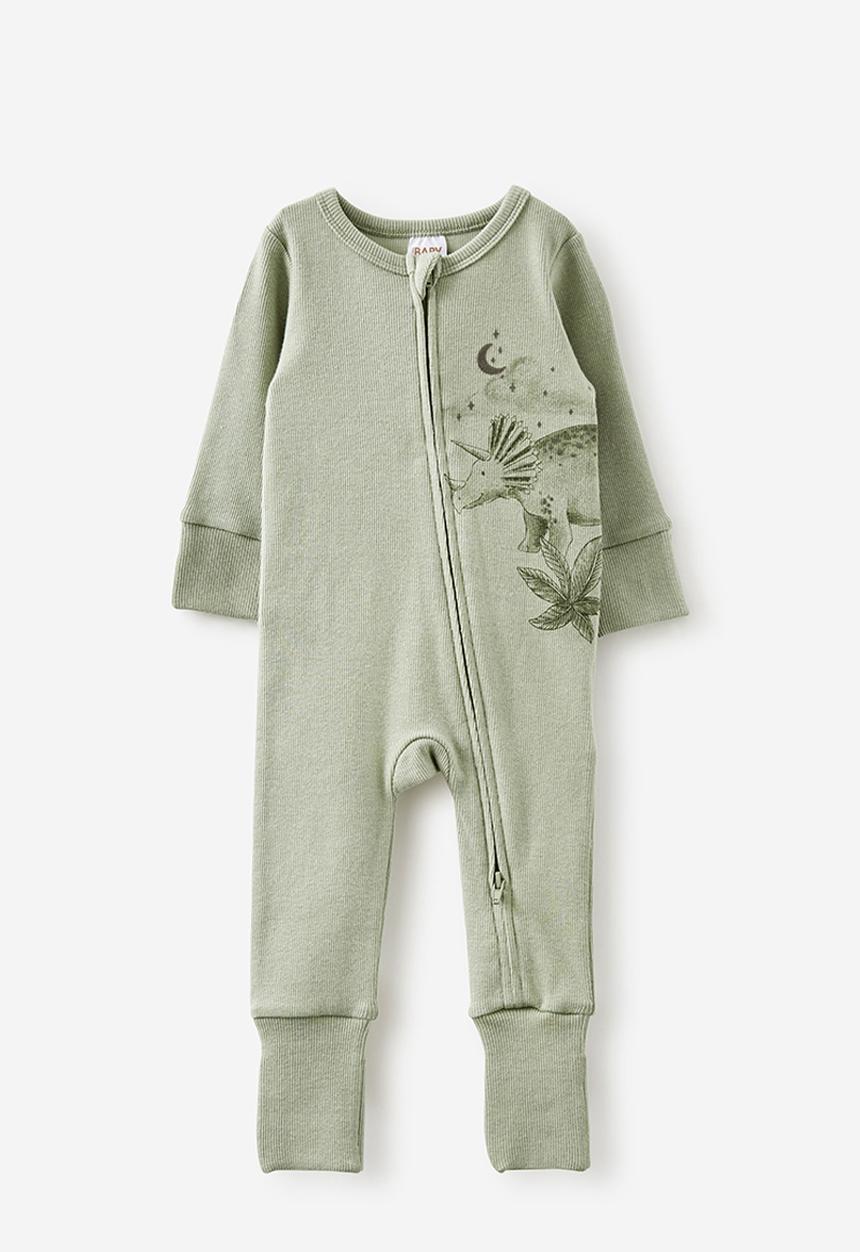 Cotton On - The billie long sleeve rib romper - deep sage/line dino