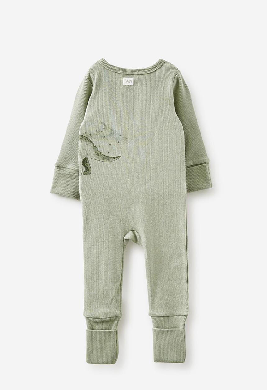Cotton On - The billie long sleeve rib romper - deep sage/line dino