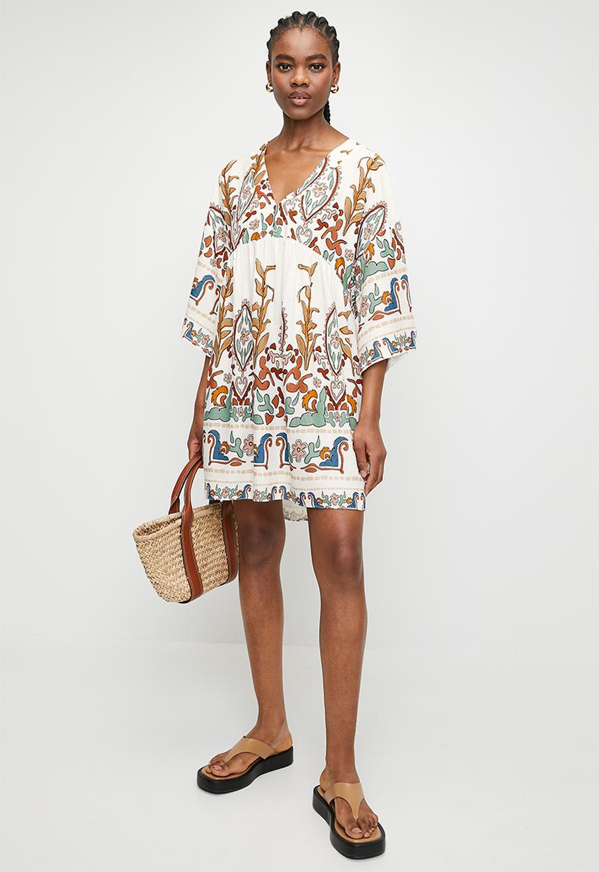 Superbalist - Linen look babydoll mini dress - engineered embroidered border