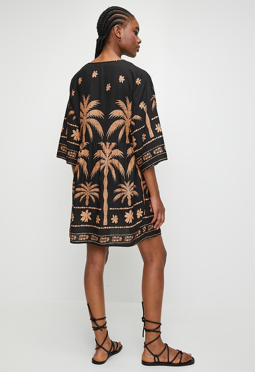 Superbalist - Linen look babydoll mini dress - stylised palms dbl border